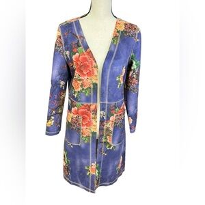 Solitare Boho Floral Print Long Jacket Cardigan Coat Blue Small